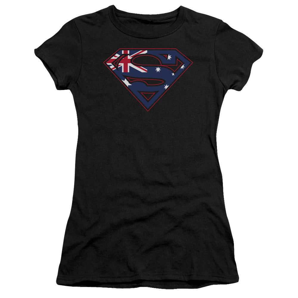 Superman Australian Shield Junior Sheer Cap Sleeve Womens T Shirt Black