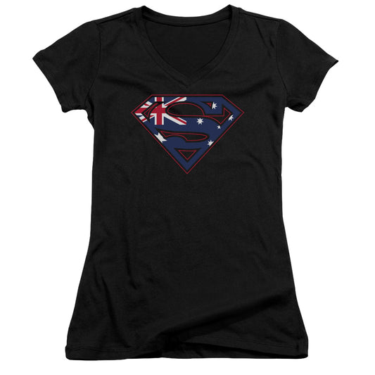 Superman Australian Shield Junior Sheer Cap Sleeve V Neck Womens T Shirt Black