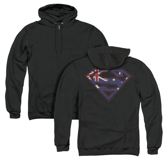 Superman Australian Shield Back Print Zipper Mens Hoodie Black