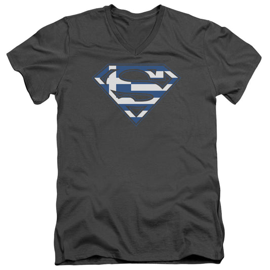 Superman Greek Shield S S Adult V Neck Charcoal