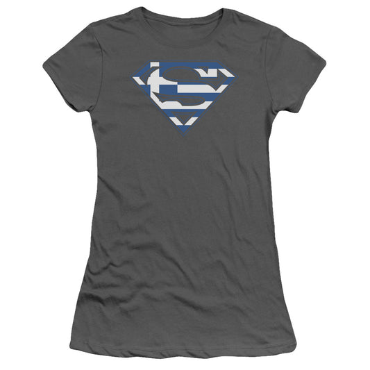 Superman Greek Shield Junior Sheer Cap Sleeve Womens T Shirt Charcoal