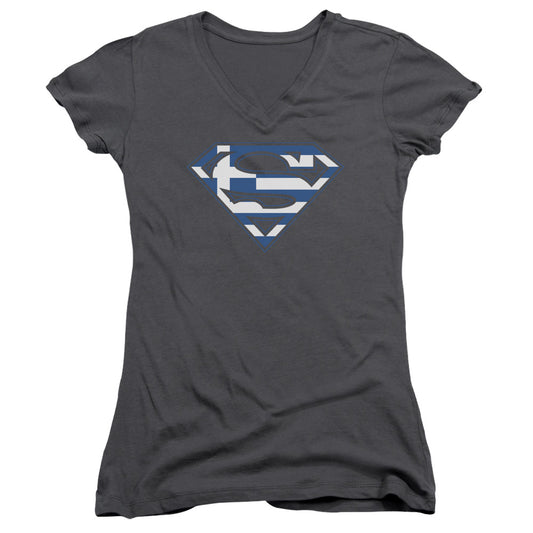 Superman Greek Shield Junior Sheer Cap Sleeve V Neck Womens T Shirt Charcoal