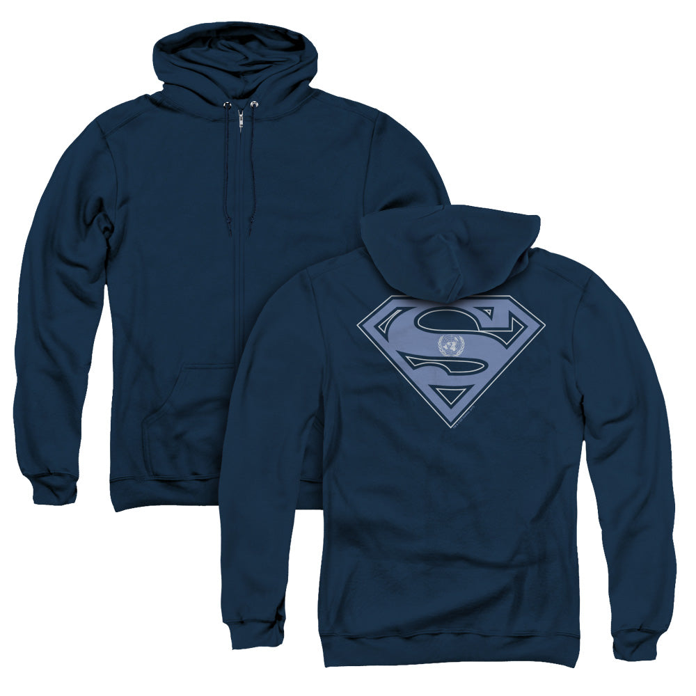 Superman U N Shield Back Print Zipper Mens Hoodie Navy