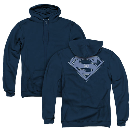 Superman U N Shield Back Print Zipper Mens Hoodie Navy