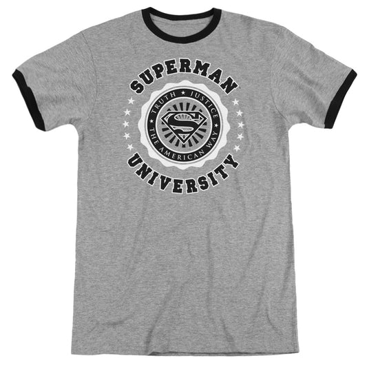 Superman Superman University Heather Ringer Mens T Shirt Heather Black