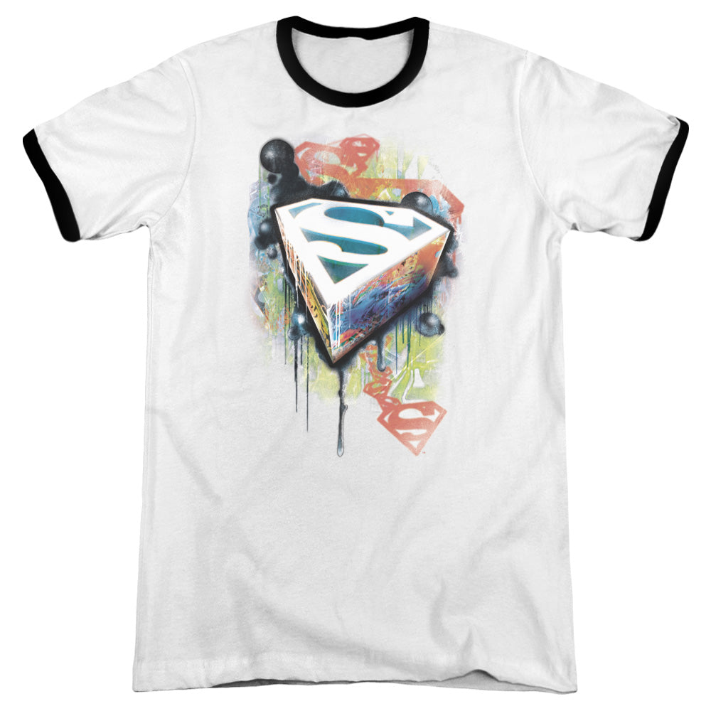 Superman Urban Shields Heather Ringer Mens T Shirt White Black