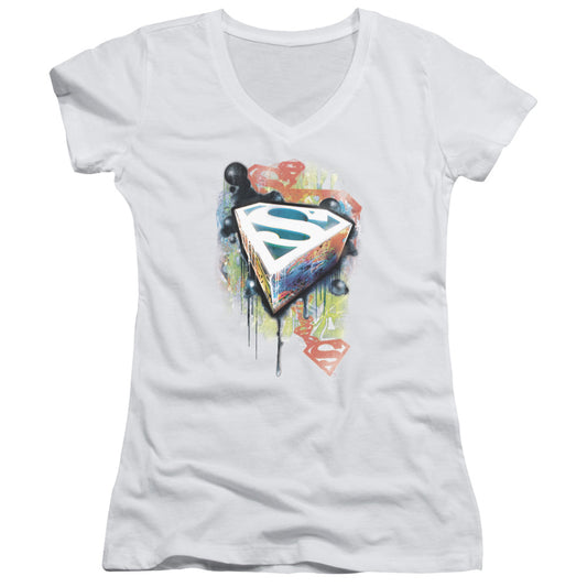 Superman Urban Shields Junior Sheer Cap Sleeve V Neck Womens T Shirt White