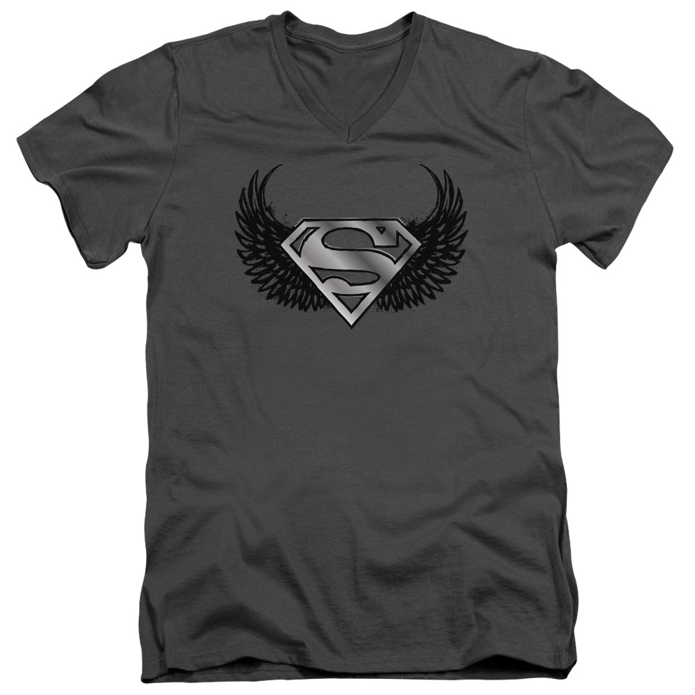 Superman Dirty Wings S S Adult V Neck Charcoal