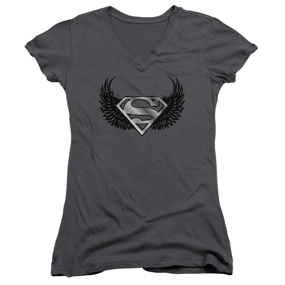 Superman Dirty Wings Junior Sheer Cap Sleeve V Neck Womens T Shirt Charcoal