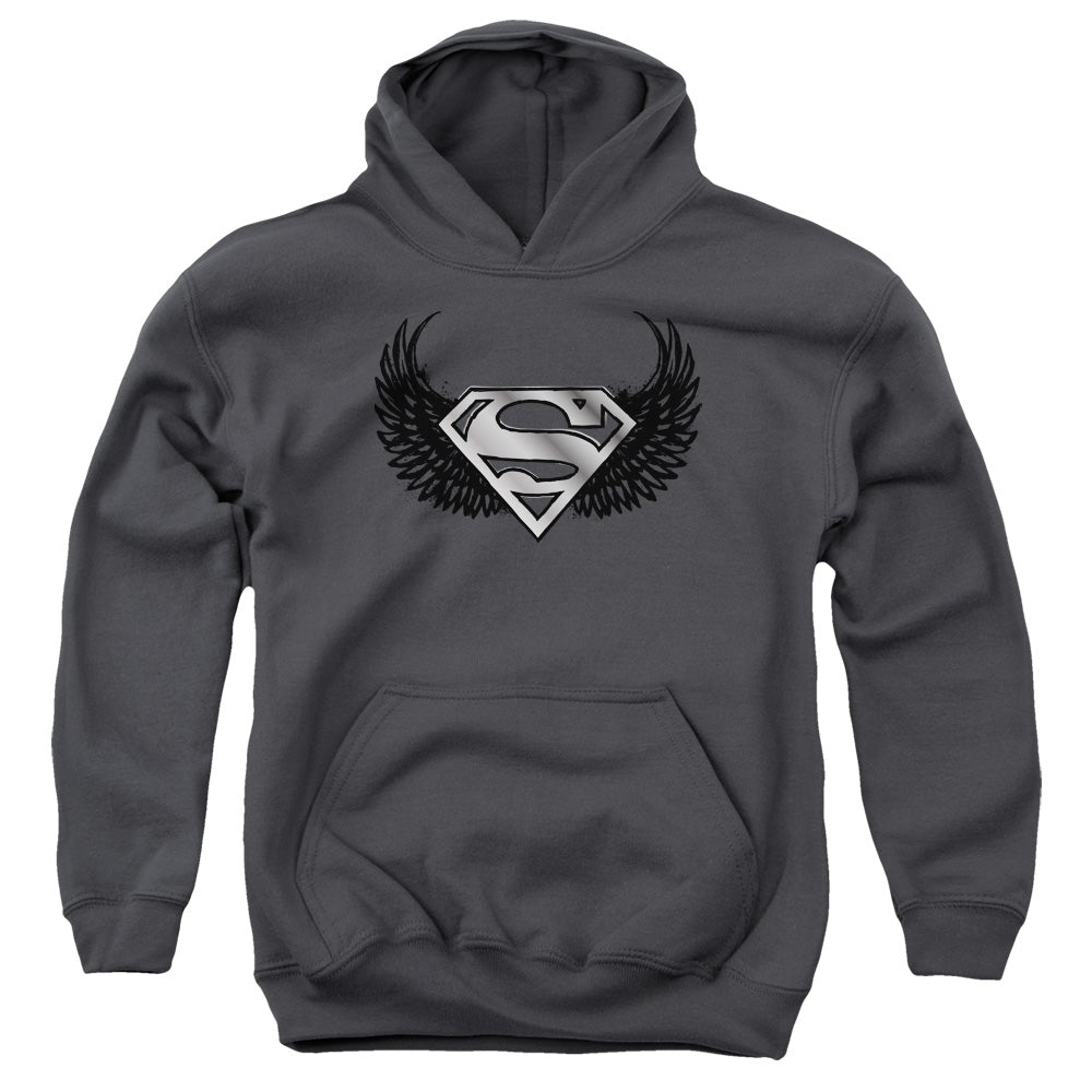 Superman Dirty Wings Kids Youth Hoodie Charcoal