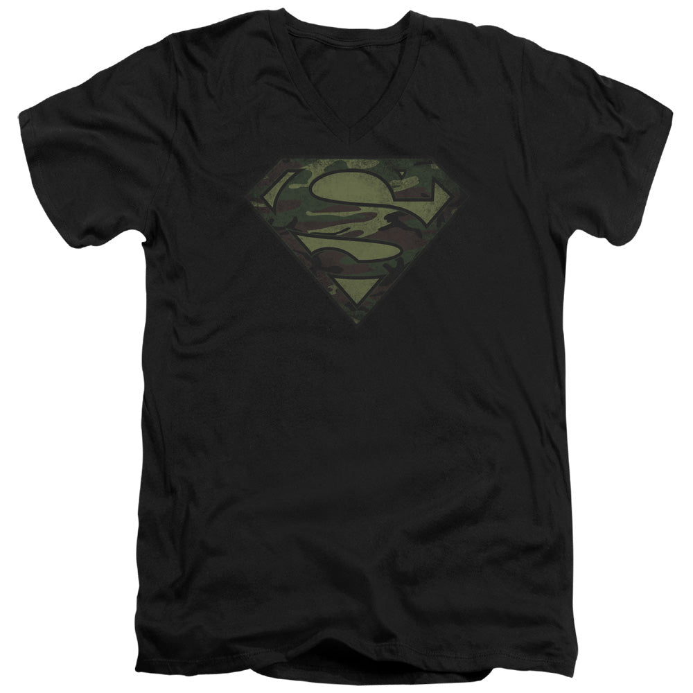 Superman Camo Logo Distressed S S Adult V Neck Black