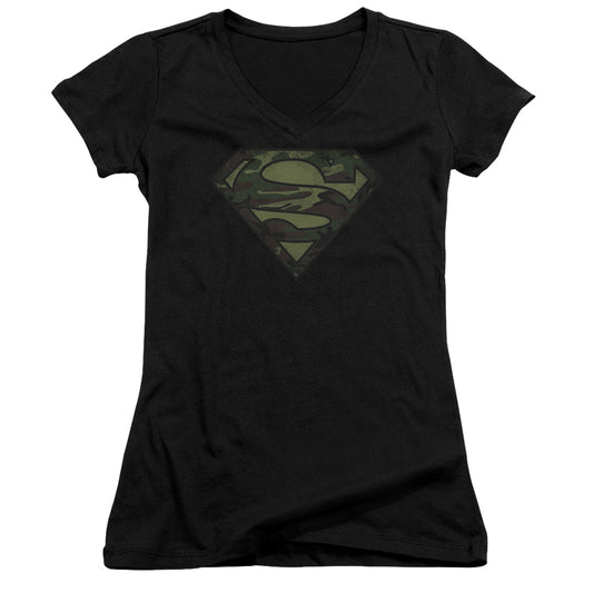 Superman Camo Logo Distressed Junior Sheer Cap Sleeve V Neck Womens T Shirt Black