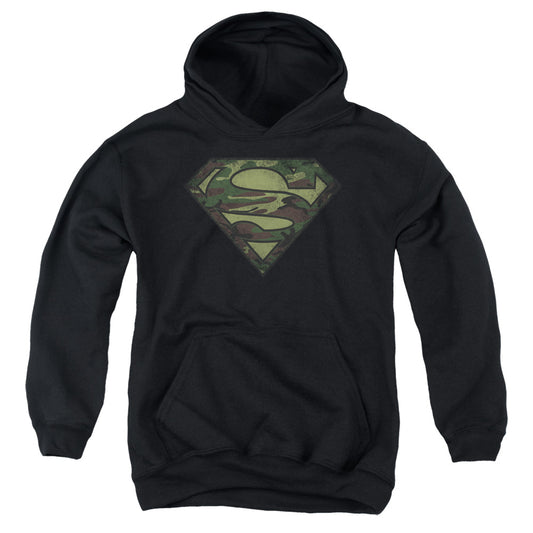 Superman Camo Logo Distressed Kids Youth Hoodie Black