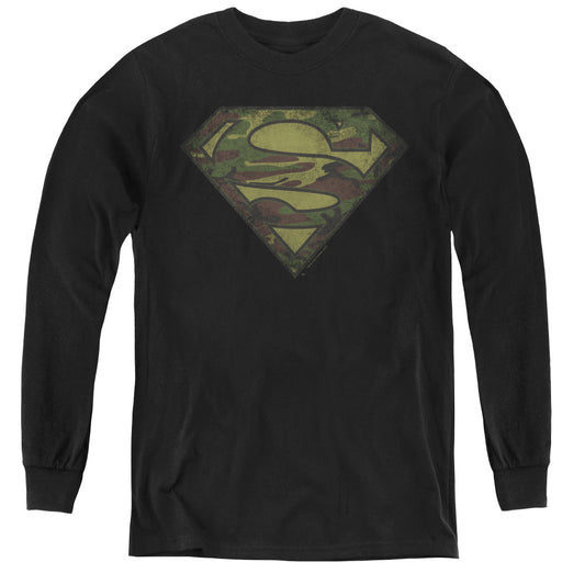 Superman Camo Logo Distressed Long Sleeve Kids Youth T Shirt Black