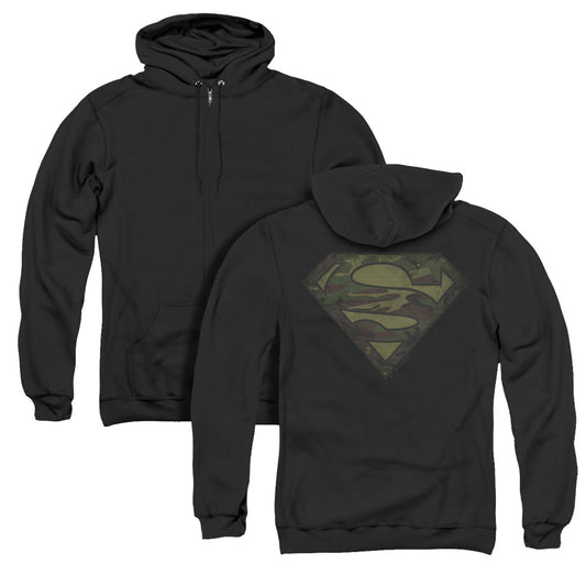 Superman Camo Logo Distressed Back Print Zipper Mens Hoodie Black