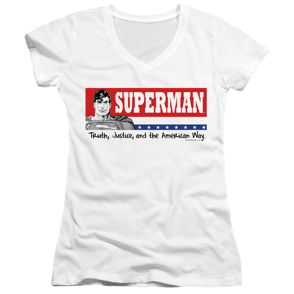 Superman Superman For President Junior Sheer Cap Sleeve V Neck Womens T Shirt White