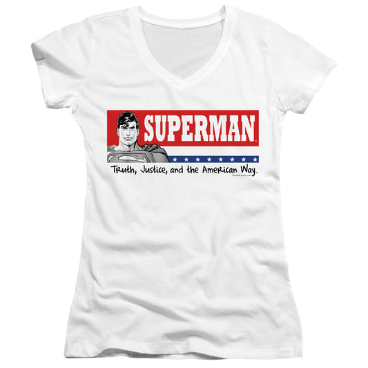 Superman Superman For President Junior Sheer Cap Sleeve V Neck Womens T Shirt White