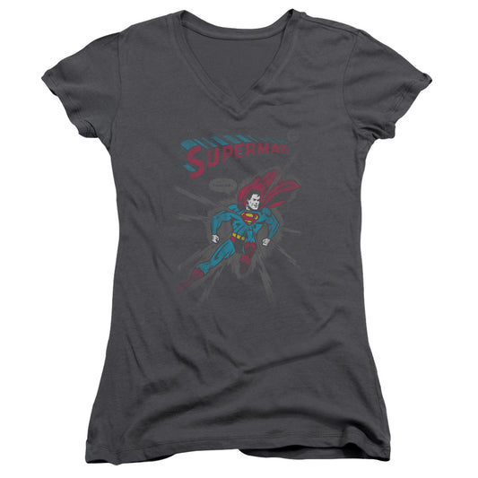 Superman It Tickles Junior Sheer Cap Sleeve V Neck Womens T Shirt Charcoal