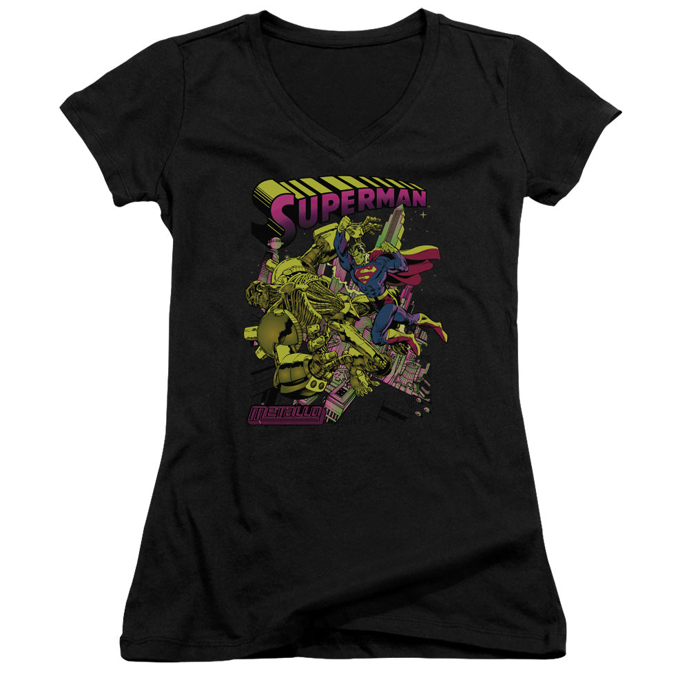 Superman Versus Metallo Blacklight Junior Sheer Cap Sleeve V Neck Womens T Shirt Black