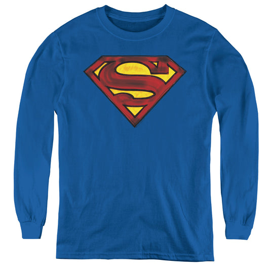 Superman Charcoal Shield Long Sleeve Kids Youth T Shirt Royal Blue