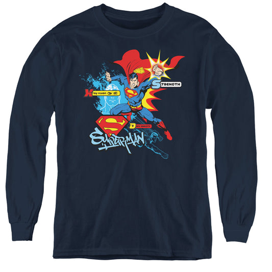 Superman Abilities Long Sleeve Kids Youth T Shirt Navy