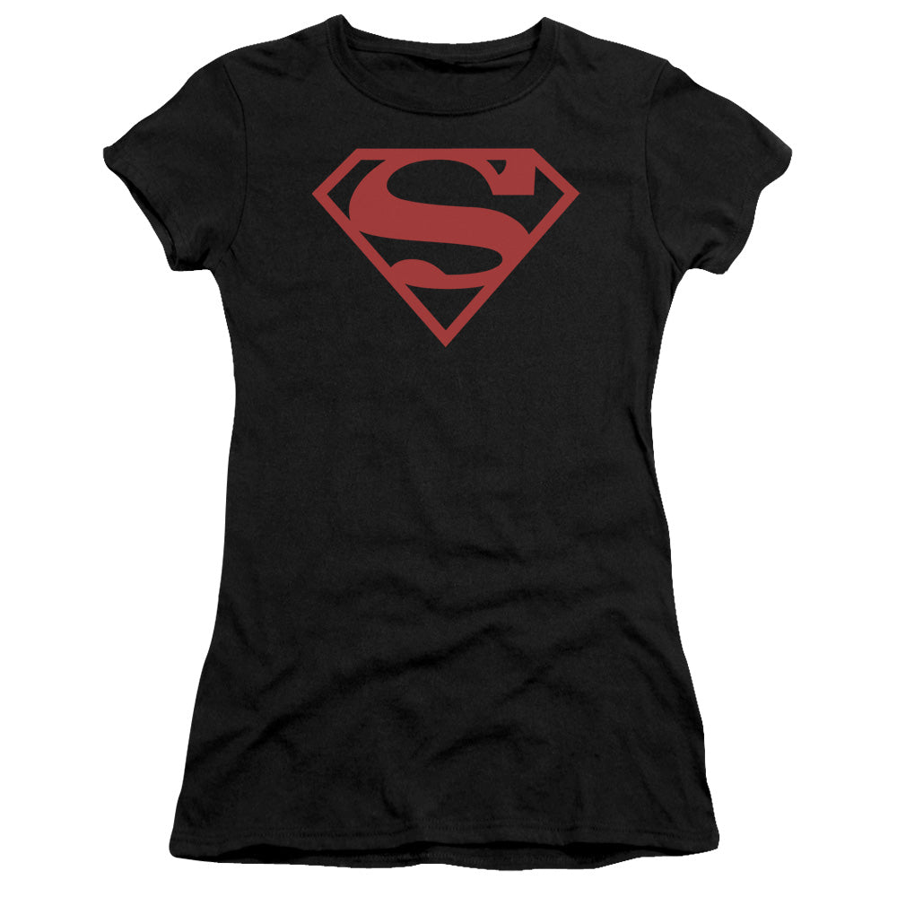 Superman Red On Black Shield Junior Sheer Cap Sleeve Womens T Shirt Black