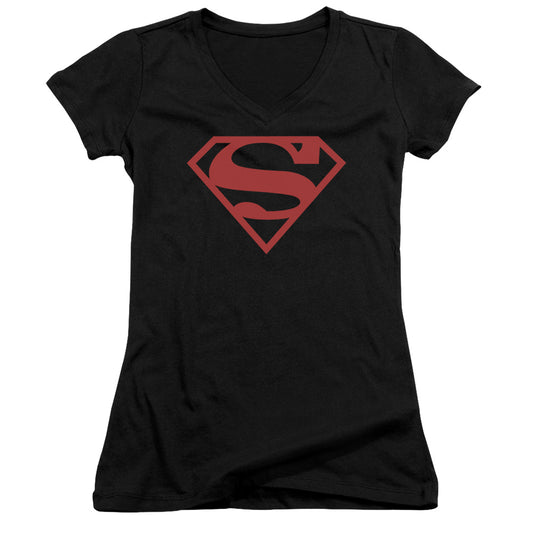 Superman Red On Black Shield Junior Sheer Cap Sleeve V Neck Womens T Shirt Black