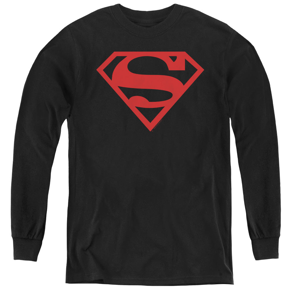 Superman Red On Black Shield Long Sleeve Kids Youth T Shirt Black