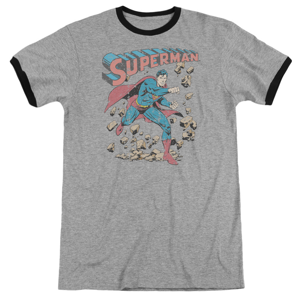 Superman Mad At Rocks Heather Ringer Mens T Shirt Heather Black