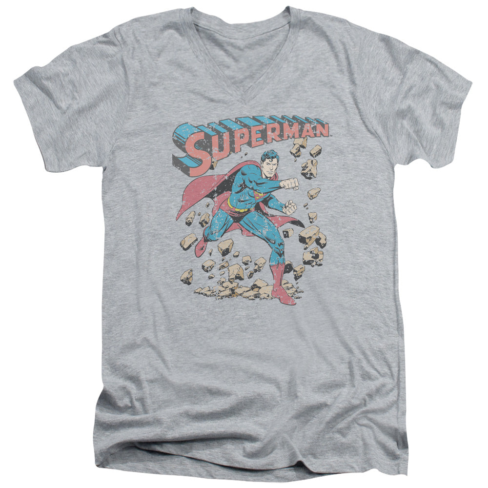 Superman Mad At Rocks S S Adult V Neck Athletic Heather