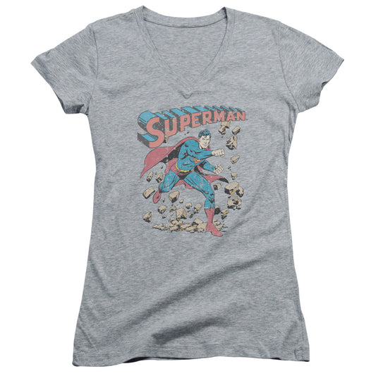 Superman Mad At Rocks Junior Sheer Cap Sleeve V Neck Womens T Shirt Athletic Heather