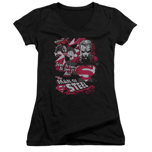 Superman Save Us All Junior Sheer Cap Sleeve V Neck Womens T Shirt Black