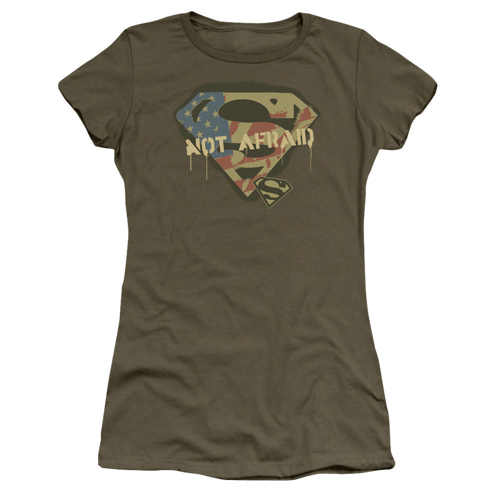 Superman Not Afraid Junior Sheer Cap Sleeve Womens T Shirt Military Green