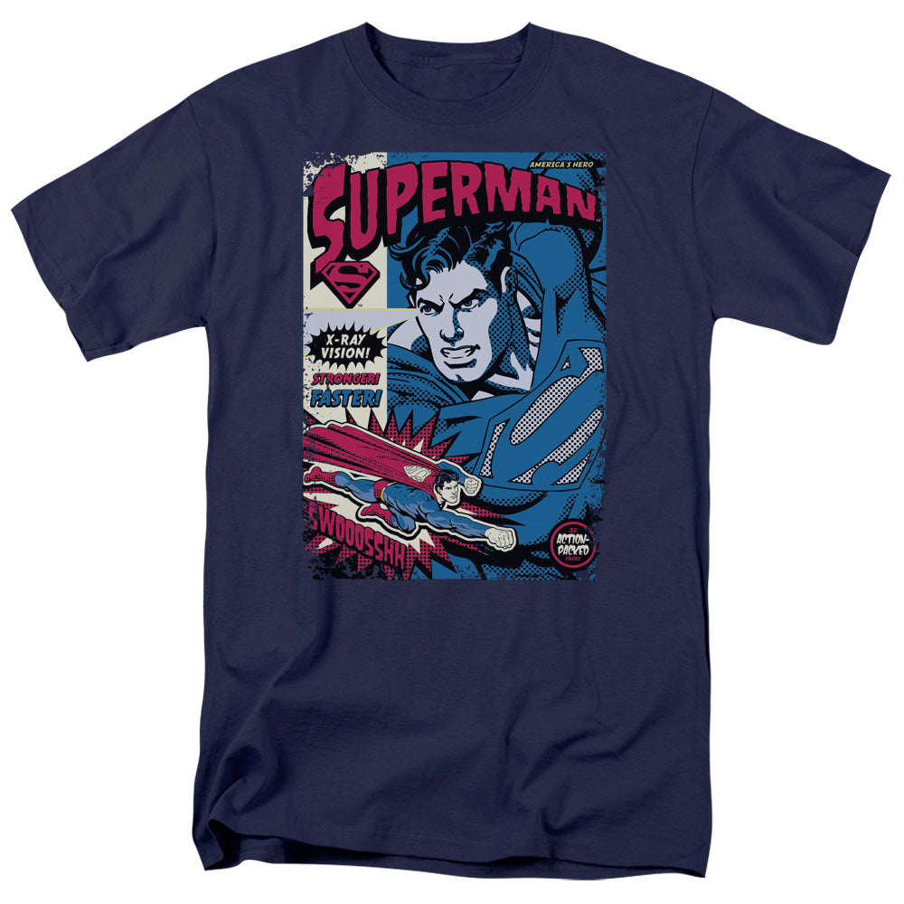 Superman Action Packed Mens T Shirt Navy Blue