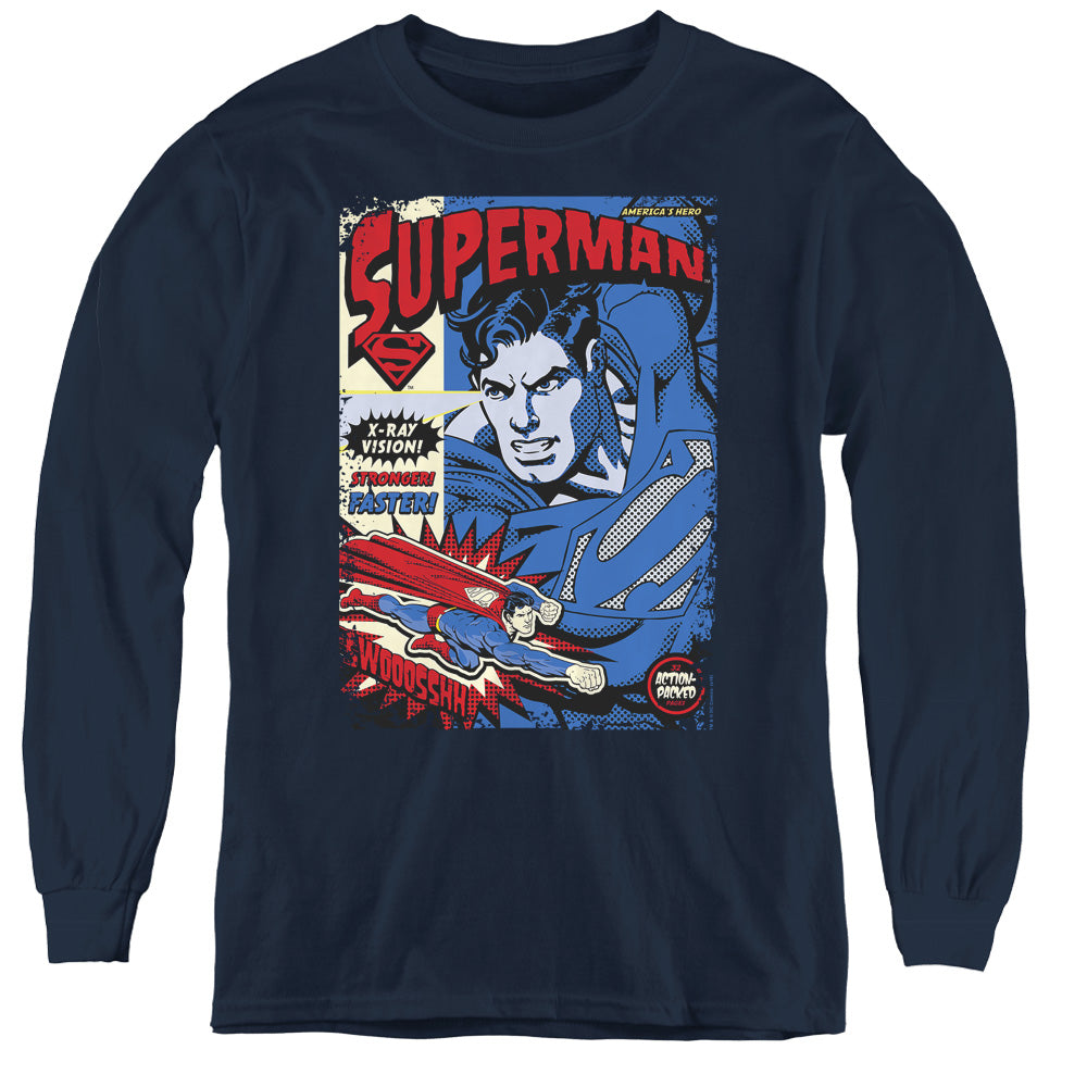 Superman Action Packed Long Sleeve Kids Youth T Shirt Navy