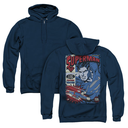 Superman Action Packed Back Print Zipper Mens Hoodie Navy