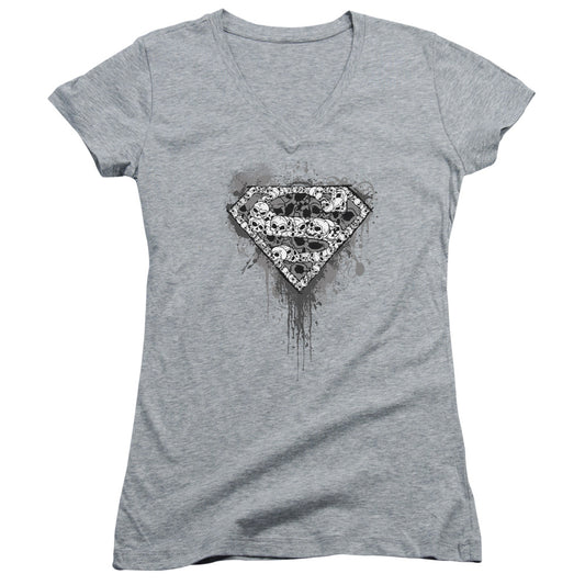 Superman Many Super Skulls Junior Sheer Cap Sleeve V Neck Womens T Shirt Athletic Heather