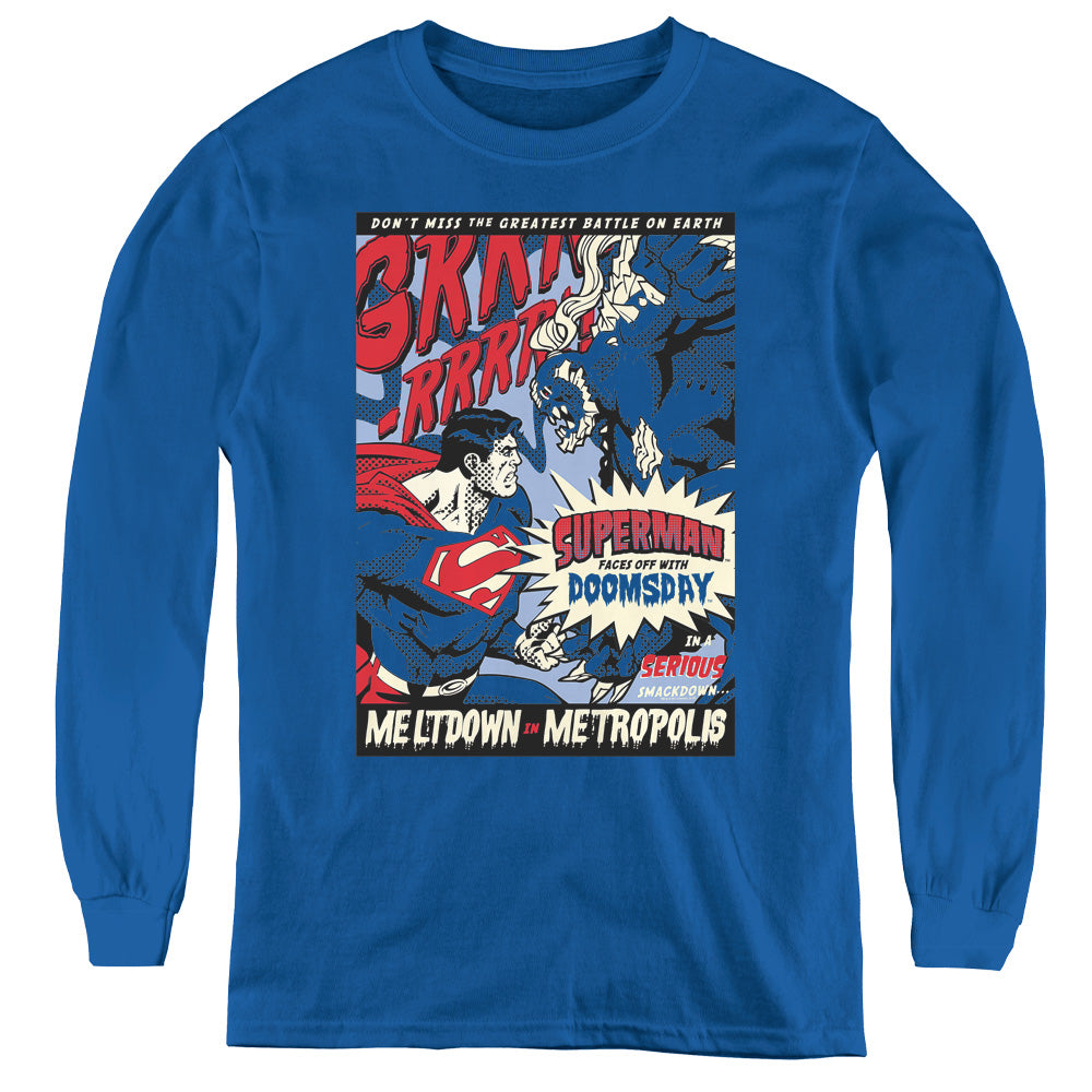 Superman Meltdown Long Sleeve Kids Youth T Shirt Royal Blue