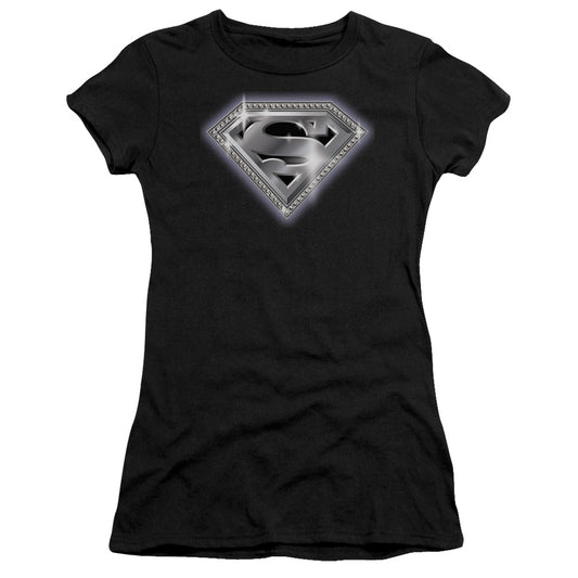 Superman Bling Shield Junior Sheer Cap Sleeve Womens T Shirt Black