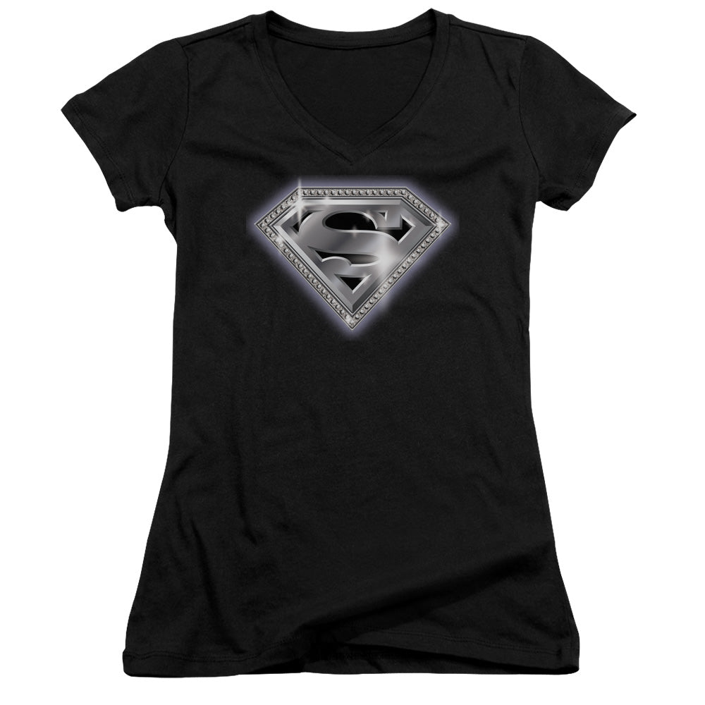 Superman Bling Shield Junior Sheer Cap Sleeve V Neck Womens T Shirt Black