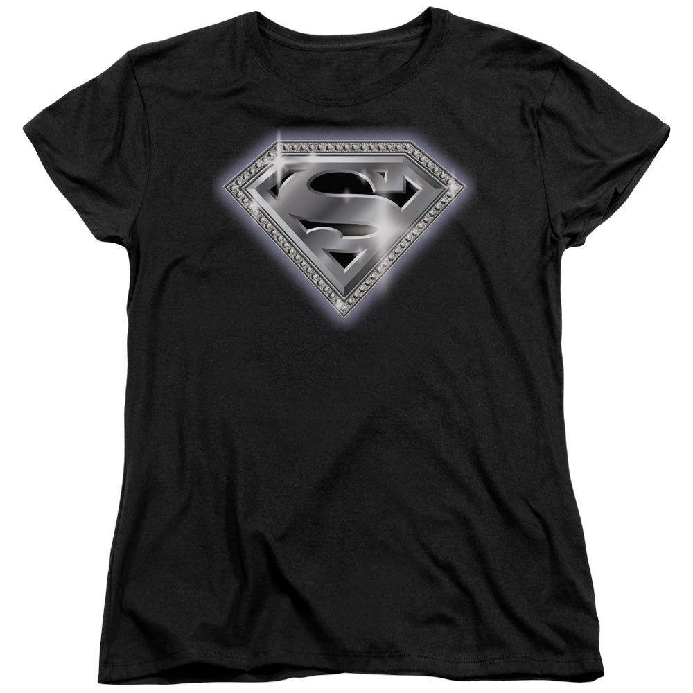 Superman Bling Shield Womens T Shirt Black