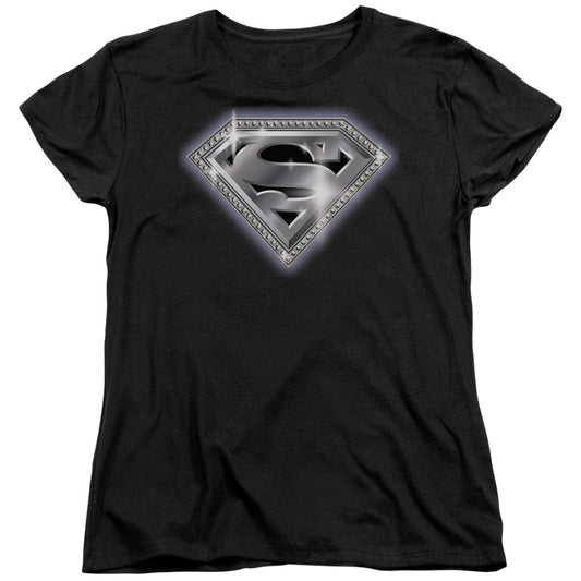 Superman Bling Shield Womens T Shirt Black