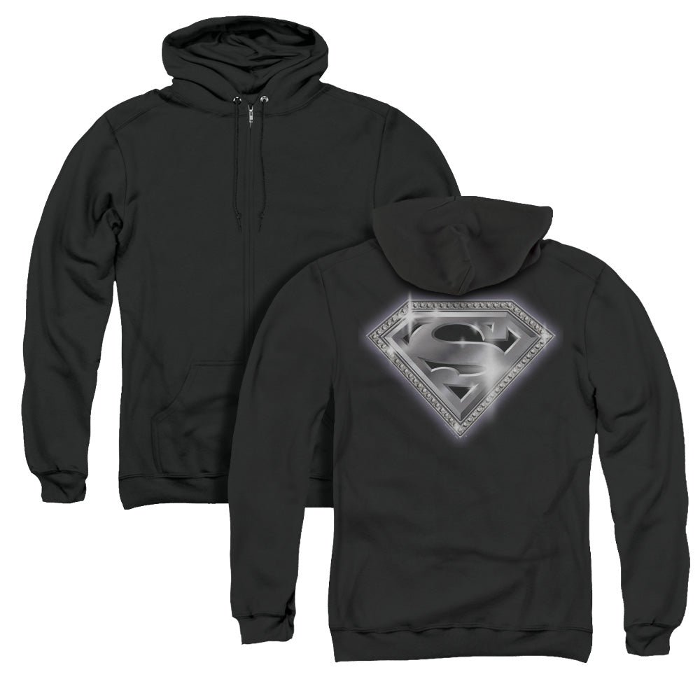 Superman Bling Shield Back Print Zipper Mens Hoodie Black