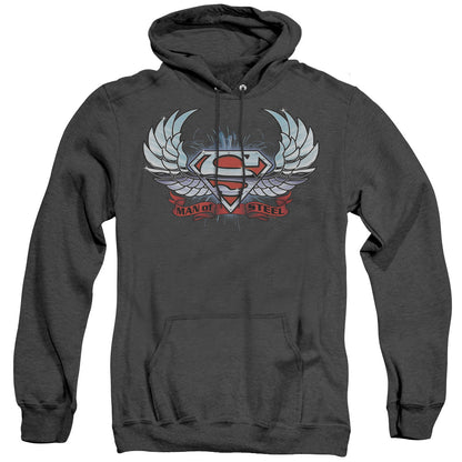 Superman Chrome Wings Shield Mens Heather Hoodie Black