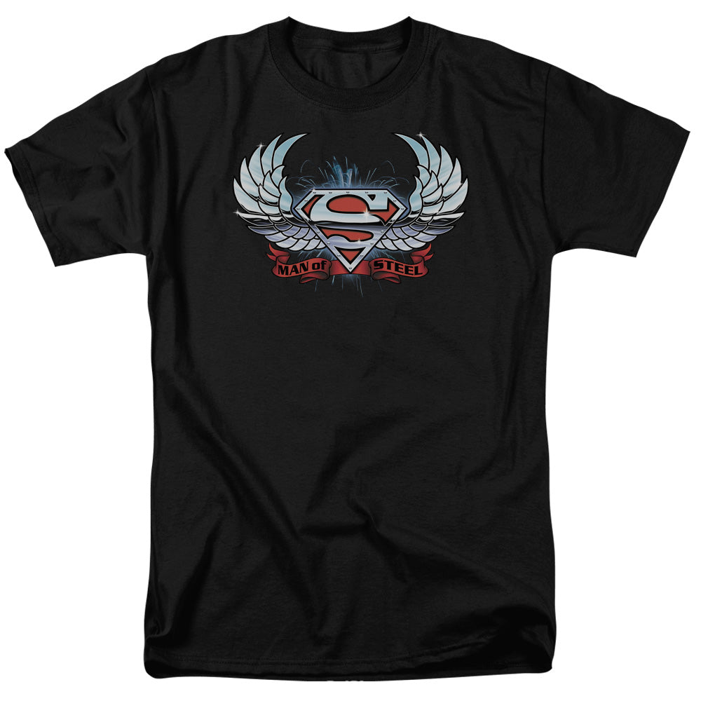 Superman Chrome Wings Shield Mens T Shirt Black 