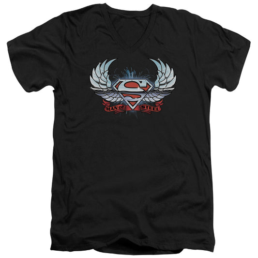 Superman Chrome Wings Shield S S Adult V Neck Black