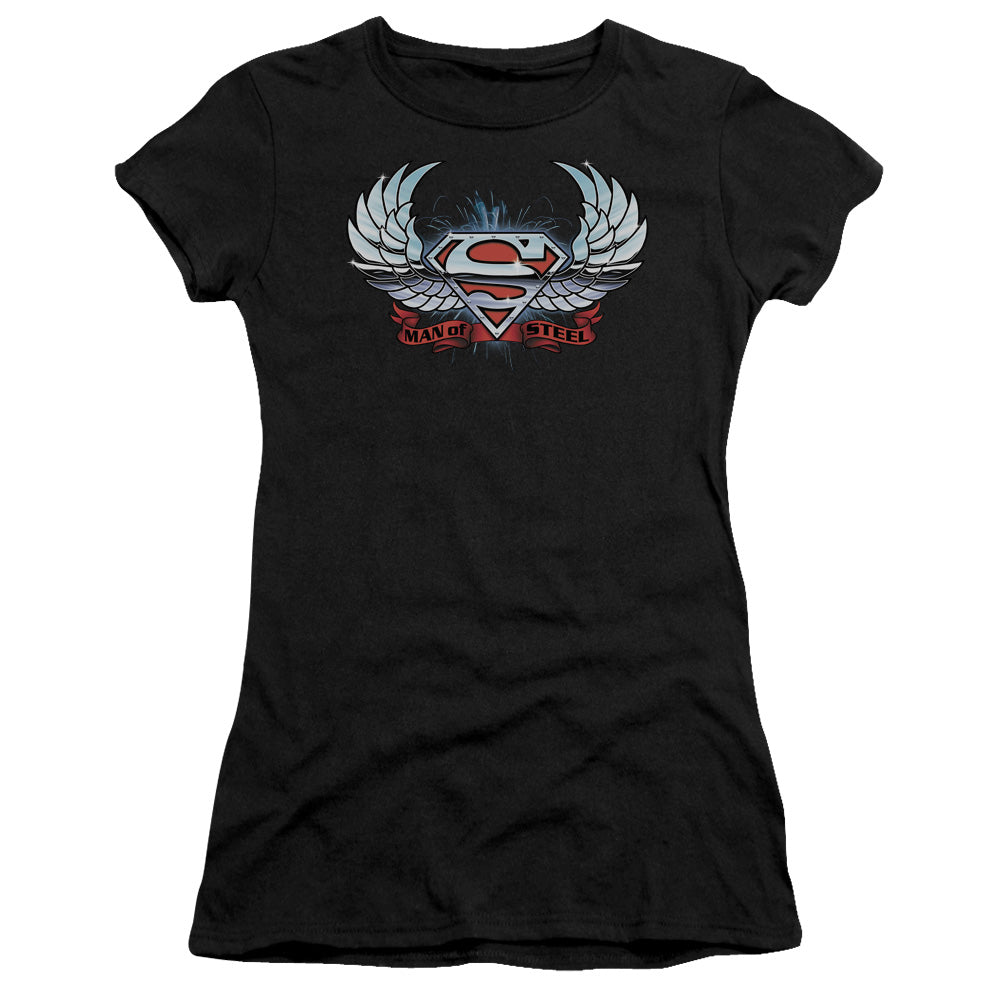 Superman Chrome Wings Shield Junior Sheer Cap Sleeve Womens T Shirt Black