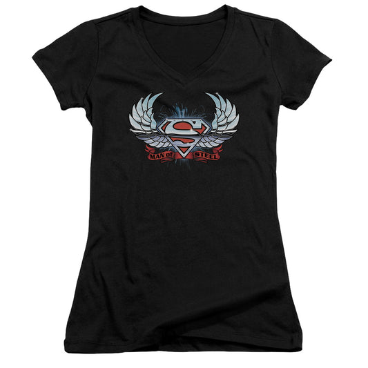 Superman Chrome Wings Shield Junior Sheer Cap Sleeve V Neck Womens T Shirt Black