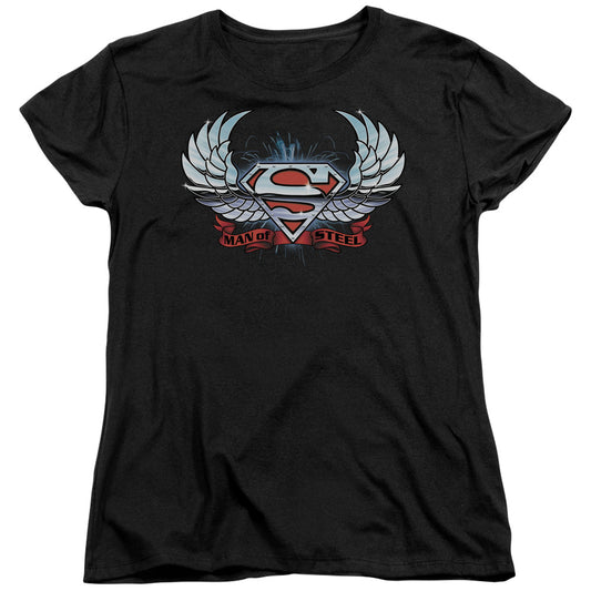 Superman Chrome Wings Shield Womens T Shirt Black