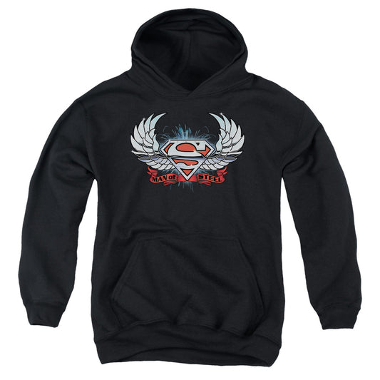 Superman Chrome Wings Shield Kids Youth Hoodie Black